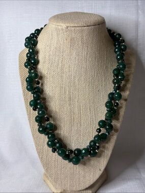 Emerald Faceted Bead Torsade Necklace w/Crystals